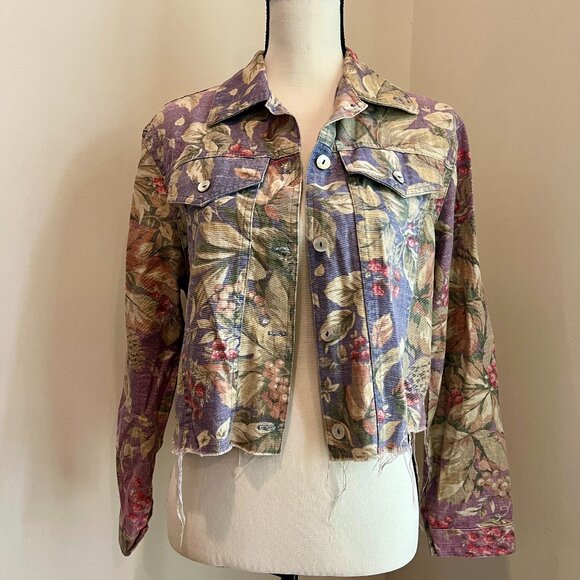 Vintage 90s Distressed Floral Pale Lavender Purple Lightweight Jean Jacket Sz S - Picture 3 of 8